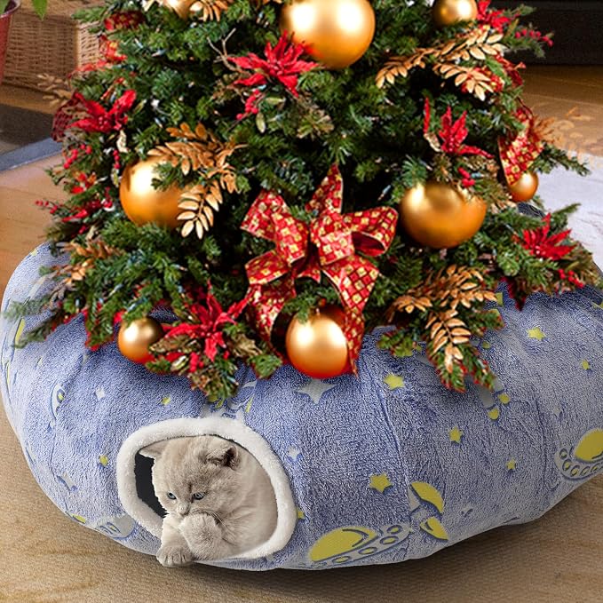 Under Christmas Tree Large Cat Tunnels Bed Tube for Indoor Cats Glows in The Dark Cat Tunnel with Cushion and Plush Ball Toy Toys for Dog Puppy Kitten Rabbit Bunnies Ferret Pet Blue - Image 8