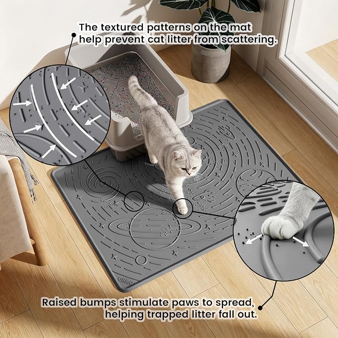 Cat Mat for Litter Box, Large 31.5x23.6 Dark Grey, High Edge Silicone Scatter Control Waterproof Trapping Mat - Image 2