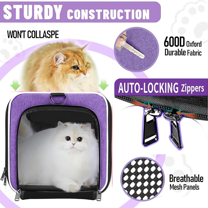 GAPZER Large Cat Carrier Soft, Collapsible Travel Pet Carry Bag, Small Dogs | Large Cats up to 20 lbs+ Maine Coon, Top Load Transport Small Puppy Dog Crate, Chihuahua Mini Dog 10lbs, Sturdy Fabric Pueple - Image 7