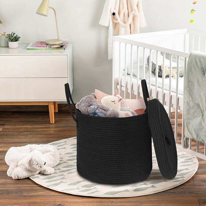 15" X 13" Large Black Basket with Lid, Cotton Rope Storage Basket for Blanket, Toy, Pillow, Towel, Laundry, Wicker Living Room Bedroom Storage Bin, Black Woven Organizing Basket with Cover - Image 3