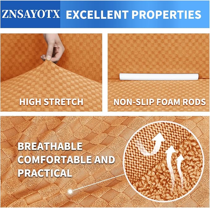 ZNSAYOTX 1 Piece Jacquard Couch Covers for 3 Cushion Couch High Stretch Sofa Cover for Pets Dogs Anti Slip Extra Large Sofa Slipcovers Furniture Protector (X-Large, Orange) - Image 5