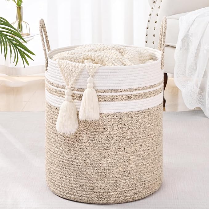 Laundry Hamper for Organizing, 52L Large Laundry Baskets, Cotton Rope Woven Blanket Basket, Collapsible Laundry Hamper for Living Room, Nursery, 15"×18", Jute - Image 7