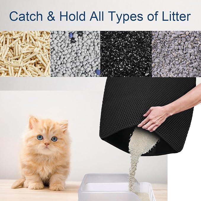 Ultra-Soft Cat Litter Mat 23.4"x14.7" Urine-Proof Non-Slip Black | Catches various litter, 3D large-pore, side-opening pour-out, easy clean, soft & durable, BPA-free, small litter mat - Image 3