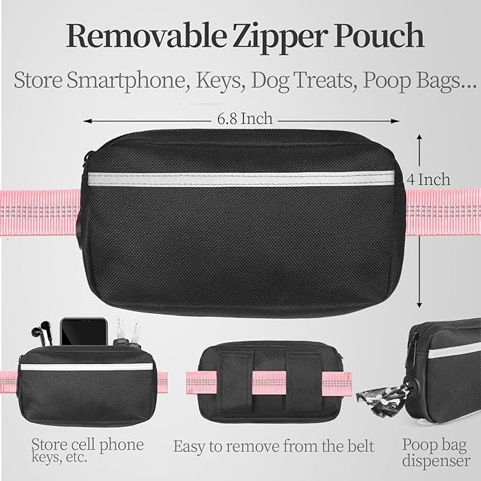 Hands Free Dog Leash with Zipper Pouch, Baby Pink, 8-25 lbs, Medium | Waist Leash, Dual Padded Handles, Shock-Absorbing Bungee, Adjustable Waist Belt, Walking and Running - Image 3