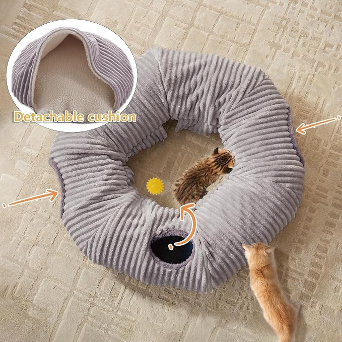 Cat Tunnel Bed for Indoor Cats - Cute Cat Donut Tunnel with Washable Circle Cushion and Blackout Tent Round Pet Play Toy for Kitten/Puppy/Rabbit, Grey - Image 5