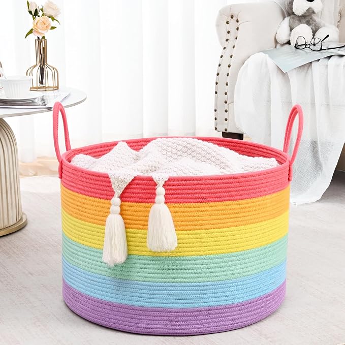 67L Large Rainbow Blanket Basket, Cotton Rope Baby Laundry Hamper with Handles, Kids Toy Basket for Classroom & Nursery, Soft Round Stuffed Animal Storage, Dog Toy Bin - 20"x13", Rainbow - Image 8