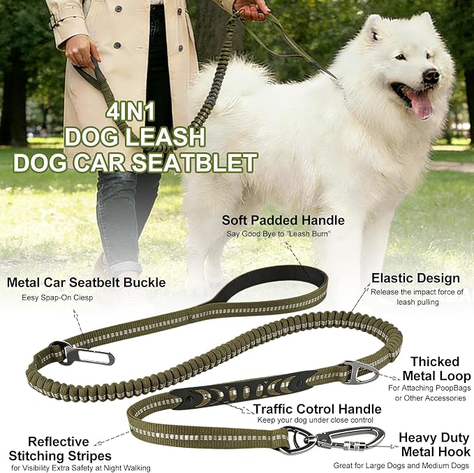 Dog Leash Heavy Duty, 4-6FT Bungee Leash Reflective Car Seat Belt for Dogs | Strong Shock Absorbing Tactical with 2 Padded Handles, Dog Tug Lead for L XL Dogs Walking Running Training | Olive Drab - Image 4