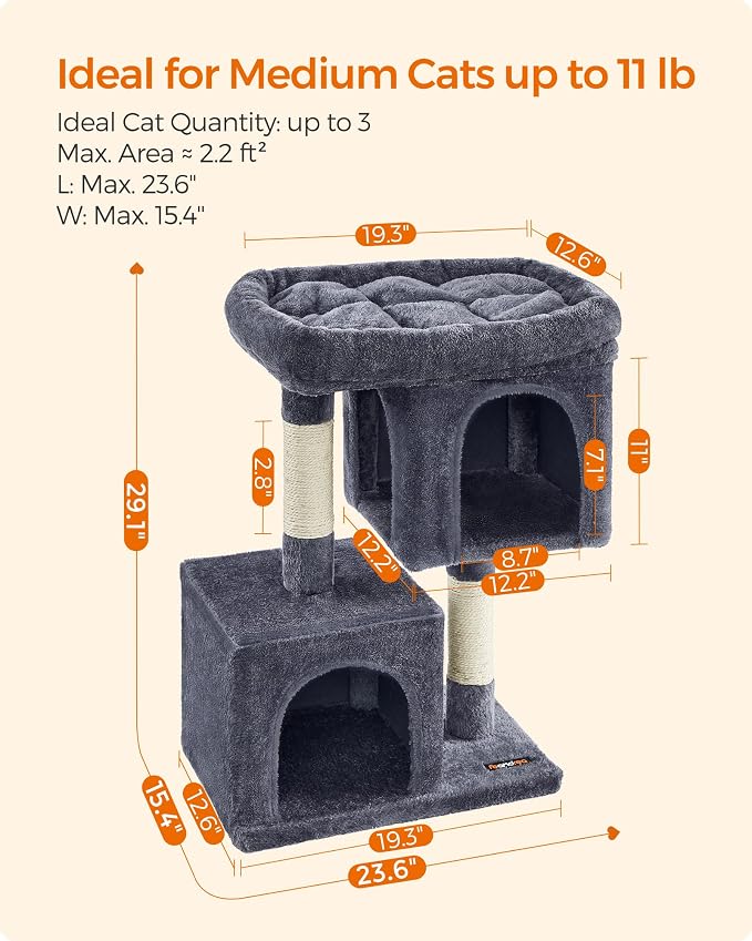 Feandrea Cat Tree, 29.1-Inch Cat Tower, Plush Condo for Medium Cats up to 11 lb, Large Perch, 2 Caves, Scratching Post, Smoky Gray UPCT612G01 - Image 6