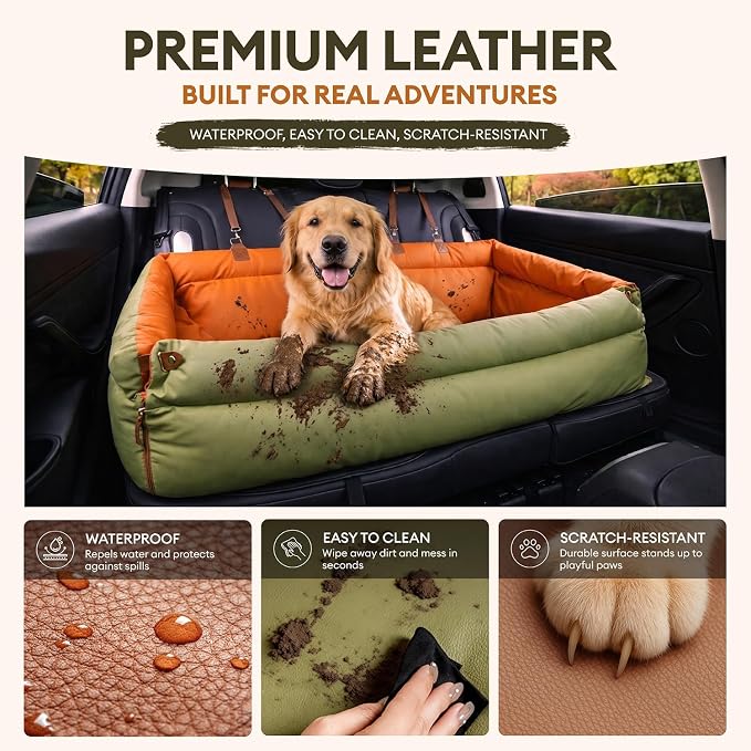 FUNNY FUZZY Leather Dog Car Seat for Large Size Dogs, Pet Booster Car Seats | Waterproof Car Seat with Safety Clip-On Leash, Soft Fabric Car Dog Bed Filling Memory Cotton, Washable Travel Pet Bed(Green) - Image 5