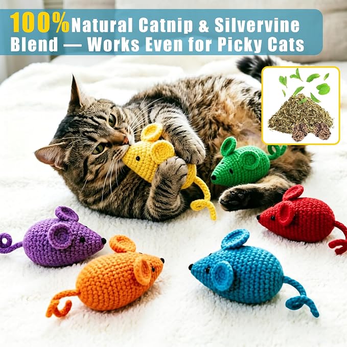 Retro Shaw Catnip Cat Toys Crochet Mouse, Pack of 6 | Hand-Knitted, Durable and soft, Catnip & Silvervine Blend, Safe Teeth Cleaning, Indoor Interactive Fun - Image 3