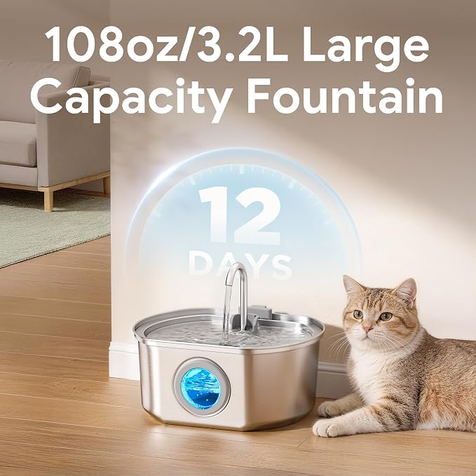 Cat Water Fountain Stainless Steel: 108oz/3.2L Cat Fountain for Drinking | Pet Water Fountain Inside - Automatic Dog Watering Dispenser Bowl - Pet Feeding & Watering Supplies - Water Level Window - Image 5