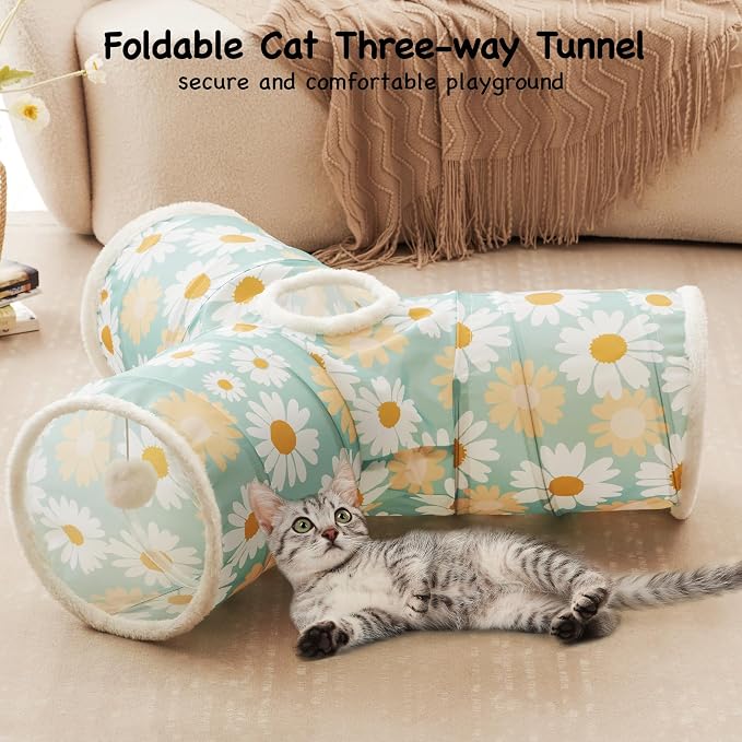 Tempcore Cat Tunnel for Indoor Cats, 3 Way Collapsible Pet Play Tunnel with Teaser Wand, Peek Holes & Hanging Ball, Interactive Tube for Kittens & Rabbits, Daisy Green Printed - Image 4