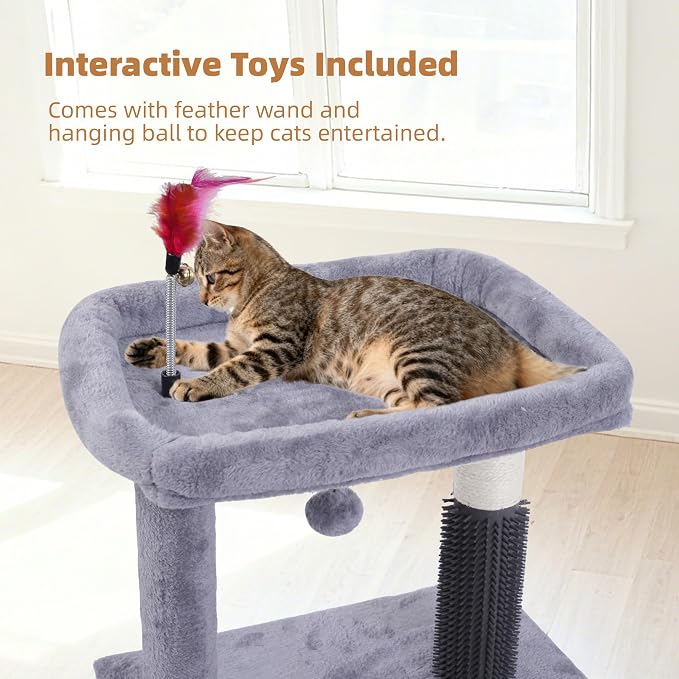 Cat Tree with Self-Grooming Brush and Interactive Toys, Cat Tree Tower for Indoor Cats, Cat Tower with Sisal Scratching Post and Scratching Pads, Cat Condo with Padded Perch, Grey - Image 7