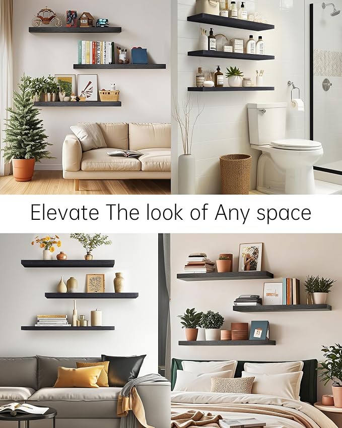 BAYKA Black Floating Shelves 35.4in, Set of 3, Wall Mounted for Wall Decor | Easy Install, 30lbs Max Load, Hidden Bracket, Shelving for Bathroom Bedroom Kitchen Display Storage, Multi-Wall Compatible - Image 7