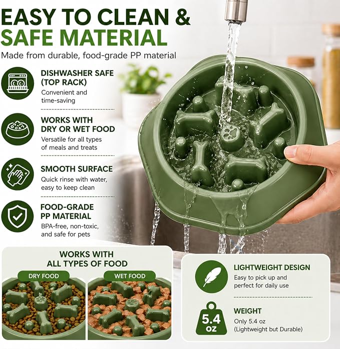 Slow Feeder Bowl for Small & Medium Cats & Dogs - Durable Slow Feeding Bowl with Non-Slip Base - Anti-Choking Puzzle Food Bowl for Dogs That Helps Mental Stimulation & Reduces Fast Eating-Green - Image 7