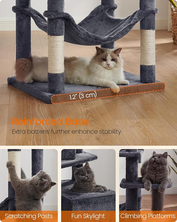 Feandrea Cat Tree, 73.2-Inch Tall Cat Tower, Plush Multi-Level Condo with 5 Scratching Posts, 2 Perches, 2 Caves, Hammock, 2 Pompoms, Smoky Gray UPCT191G01 - Image 9