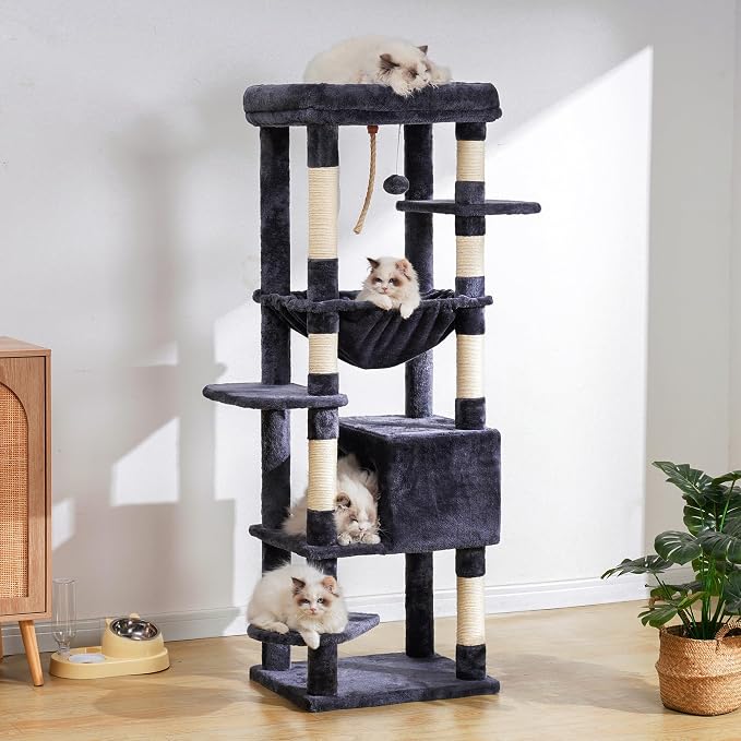 Heybly Cat Tree for Large Cats, 20lbs Heavy Duty, 60 inches HCT050G | Cat Tower for Indoor Cats with Big Padded Plush Perch, Multi-Level Furniture Condo with Cozy Basket, Smoky Gray - Image 6