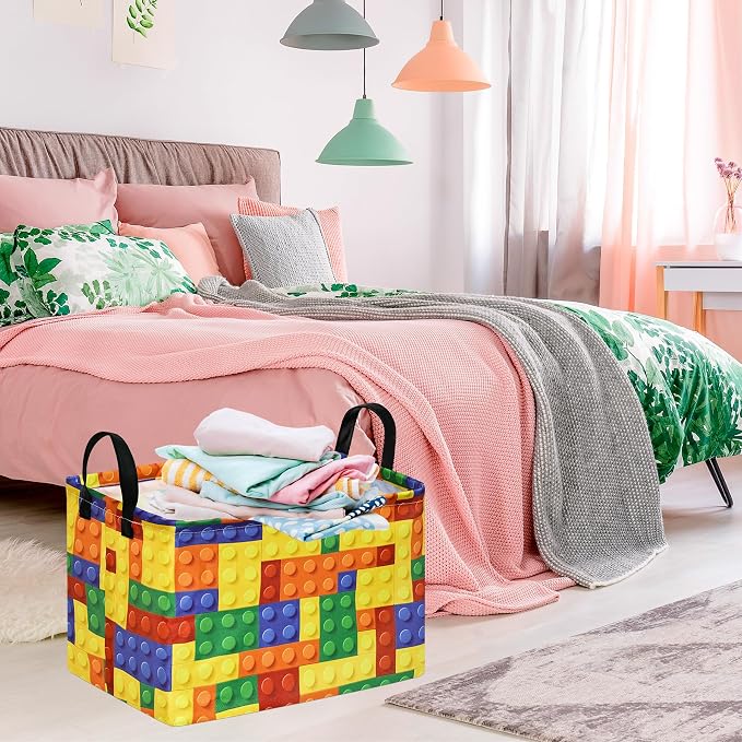 Colorful Building Blocks Print Storage Basket, Waterproof Lining Organizer Bins, Leather Handles, Collapsible for Kids Toys, Clothes, Laundry, Gift Basket - Image 5