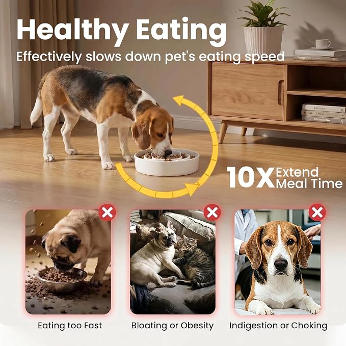 Ceramic Slow Feeder Dog Bowls 1.6 Cups for Medium & Small Fast Eaters,White | Reduces Bloating,8.07x1.77 Inch Dish For Daily Dog Meals, Maze Puzzle Slows Down Eating, Anti-Choking,20oz Water - Image 2