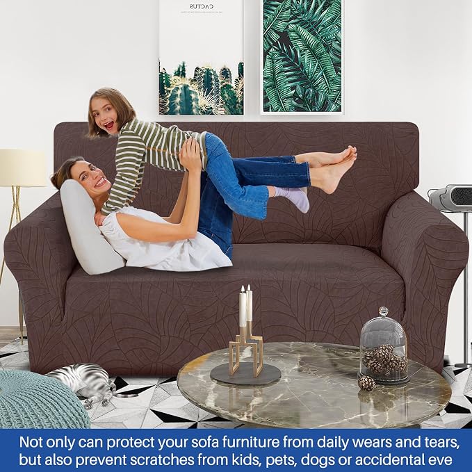 YEMYHOM Couch Cover Latest Jacquard Design High Stretch Sofa Covers for 2 Cushion Couch, Pet Dog Cat Proof Loveseat Slipcover Non Slip Elastic Furniture Protector (Medium, Begonia Leaf Coffee) - Image 2