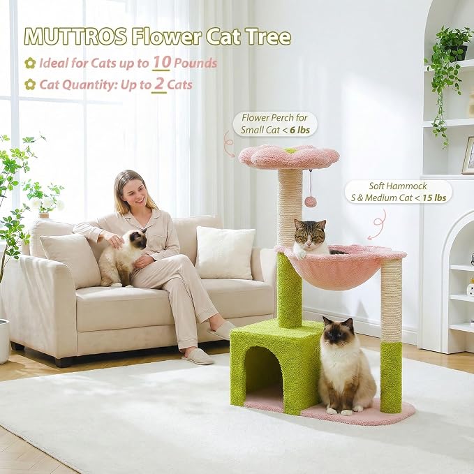 Flower Cat Tree with Large Metal Frame Hammock, 35" Cute Cat Tower with Sisal Scratching Posts for Small Indoor Cats, Cat Condo with Pink Top Perch for Kittens, Pink | Flower-shaped top perch, Metal frame hammock, Sisal scratching posts, Cozy pink cond... - Image 2
