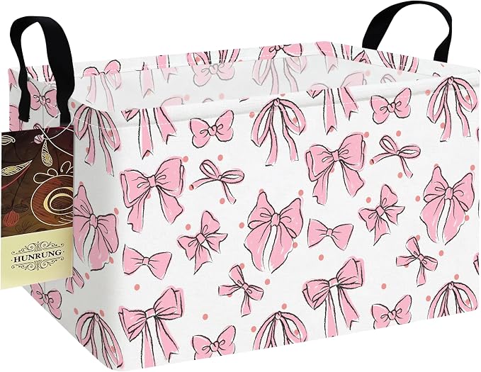 Rectangle Foldable Storage Basket Handles For Home, Pink Bow | Waterproof canvas material, reinforced handles, perfect for shelf use, organizes clothes, daily items and pet supplies by HUNRUNG