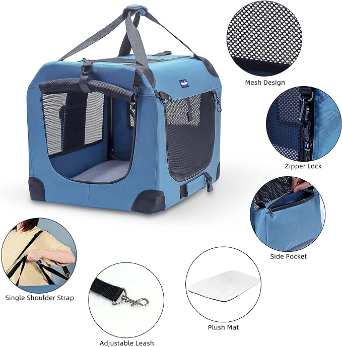 Petprsco Portable Collapsible Dog Crate, 24" Soft Dog Crate for Car Travel | Includes Mat, Blanket & Bowl, Strong Fabric, 4-sided Mesh Vents, 3 Doors, Fit Small Dogs & Large Cats Indoor and Outdoor Use - Image 3
