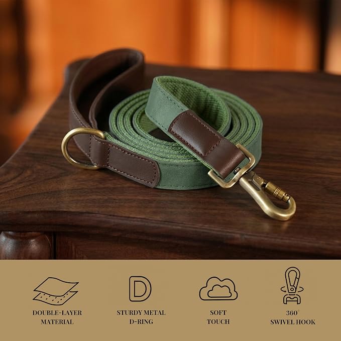 PU Leather Dog Leash for Large Dogs, 6ft Soft Padded Handle, Green | Comfortable Grip for Daily Walking Training, Full Control, Metal D-ring, Tangle-Free 360° Swivel Clasp, Easy to Clean, 1 inch - Image 4