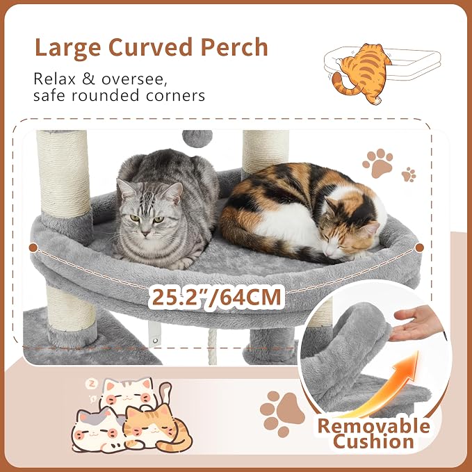 Heybly Cat Tree, 74-Inch Streamlined Cat Tower for Large Cats HCT061W | Cat Furniture with 3-Tier Stacked Condos, Large Perch, Sturdy Base, Full Sisal Scratching Posts & Ramp, Light Gray - Image 3
