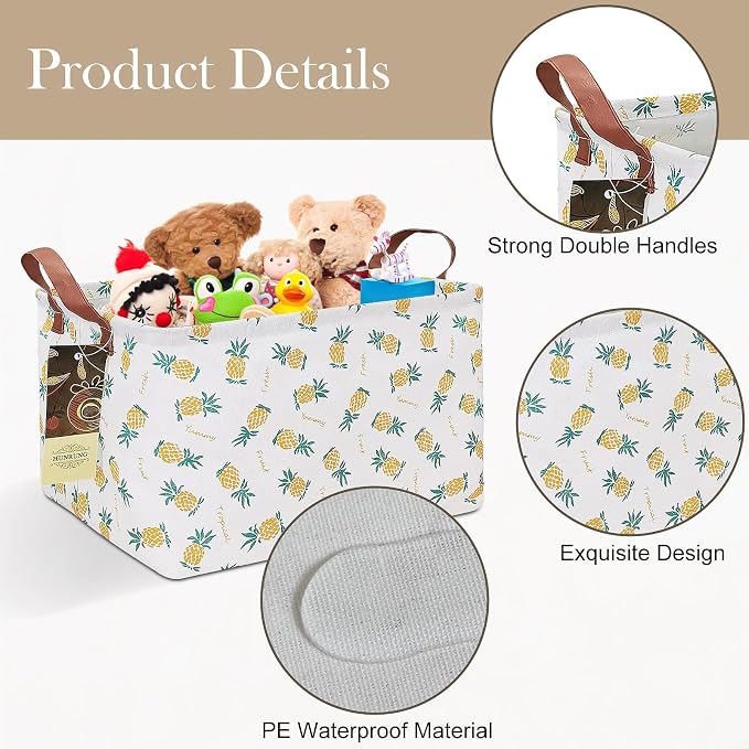 Rectangle Foldable Storage Basket Handles For Home, Pineapple | Waterproof canvas material, reinforced handles, perfect for shelf use, organizes clothes, daily items and pet supplies - Image 8