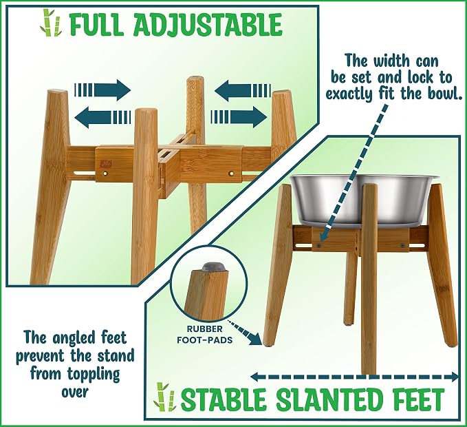 Dog Bowl Stand for Large Dogs - Adjustable, Bamboo | Use to Elevate, Raise Pet Food Water and Slow Feeder Bowls, Expandable with Locking Option, Non-Slip Feet, Stand Only - Image 3