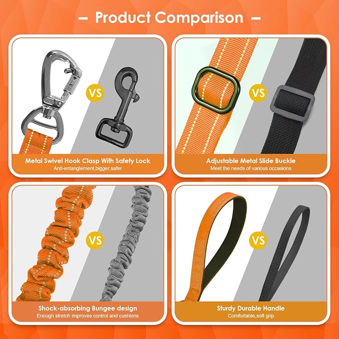 AUBELL Tactical Dog Leash Heavy Duty,4-6ft No Pull Bungee Leash,Orange | Reflective Dog Leash for Medium Large Dogs with Comfortable Padded Double Handle,Car Seat Belt,360 Degree Rotating Carabiner - Image 7