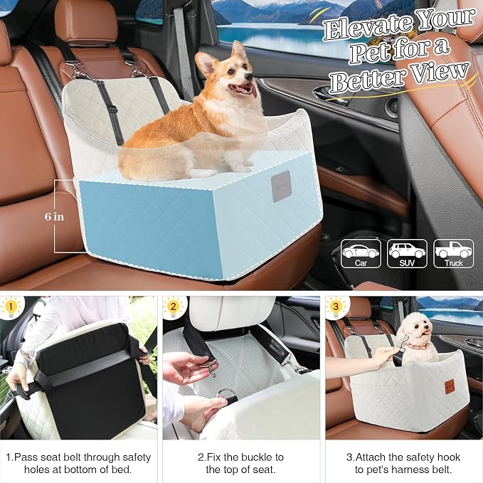 Dog Car Seat for Dogs up to 35lbs, Small Medium Dog Booster Seat with Adjustable Straps and Anti Slip Bottom,Fully Detachable Washable Pet Car Seat with 2 Storage Pockets (Beige, Medium) - Image 3