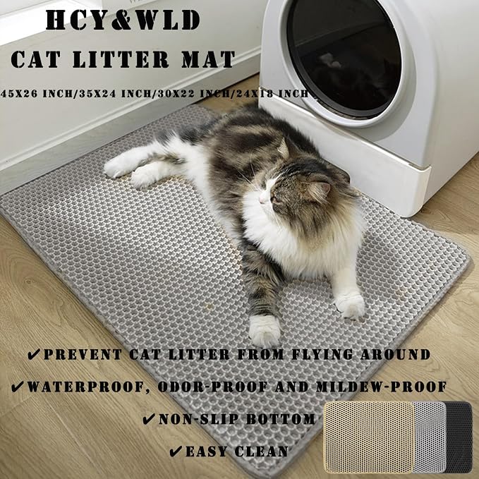 HCY&WLD Cat Litter Mat, Double Layer Cat Litter Box Mat (45x26 Inch, Black) | Waterproof Urine-Proof Non-Slip Litter Trapping Mat, Soft on Kitty Paws, Scratch-Resistant, Scatter Control, Easy to Clean - Image 2