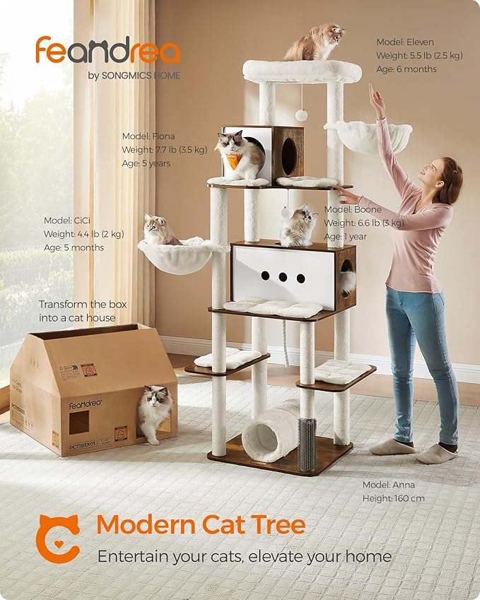 Feandrea Cat Tree, 75.6-Inch Modern Cat Tower, Tall Multi-Level Condo with 2 Caves, 2 Hammocks, 4 Scratching Posts, Self-Groomer, Tunnel, Perch, Rustic Brown UPCT193X01 | Tall Cat Tower, 4 Scratching Posts, Self-Groomer, Tunnel, Perch, Rustic Brown, CA... - Image 2