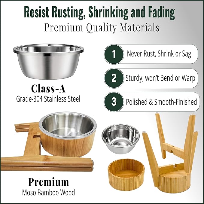 Elevated Dog Bowl for Mid-Large Breed, (12-Inch High, 64-oz) | Raised Food and Water Bowl with Stand, Flip-Resistant - Real Bamboo and Stainless Steel - Image 3
