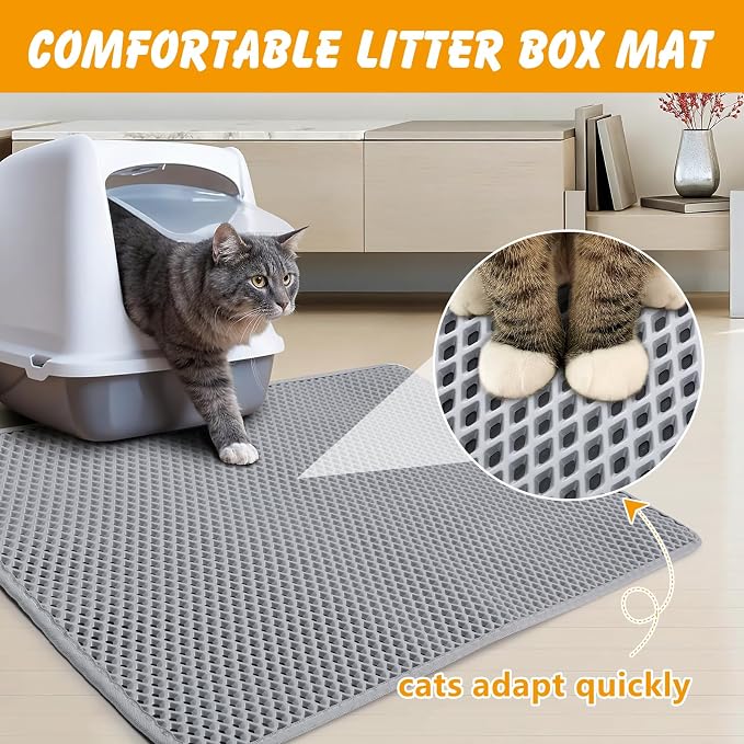 Double Layer Cat Litter Mat, Waterproof Non-Slip, 30 x 24 Inch | Honeycomb litter trapping, EVA soft on paws, urine-resistant bottom, easy shake or rinse clean - Image 2