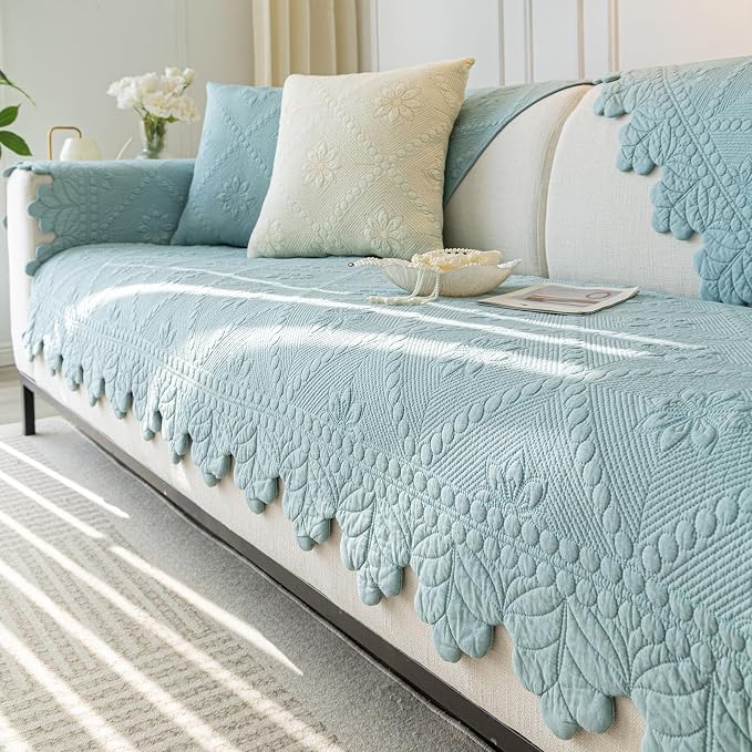 Cotton Quilted Dog Couch Cover for Sofa Farmhouse Rustic Embroidery Sectional Couch Cover Soft Anti-Slip Sofa Slipcover Furniture Protector for Kids, Pets (Blue,28"x59") by WelcometoXSlive
