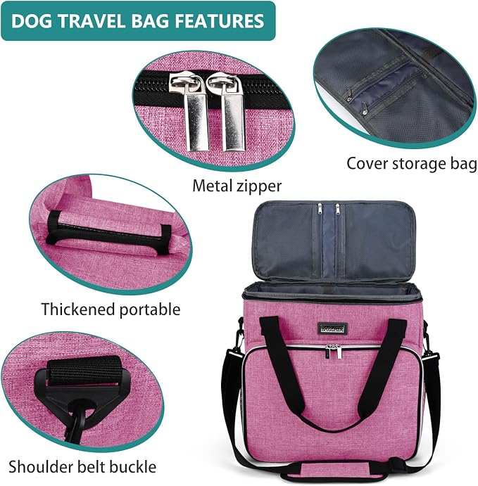 BAGLHER Dog Travel Bag, Pet Travel Bag (ALL Pet Travel Supplies), With 2 Pet Food Containers and 2 Collapsible Silicone Bowls; Essential Kits for Pet Travel Pink - Image 4