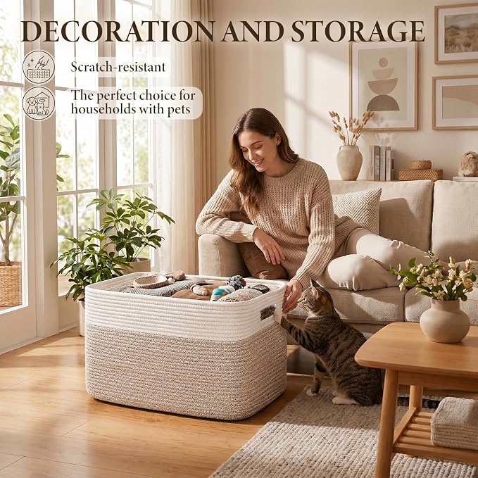 75L Large Cotton Rope Basket, Soft Toy Storage Bin for Nursery & Living Room, Decorative Blanket Basket for Bedroom, Baby-Safe Organizer for Pillows &Laundry, 22''×17''×12'', Brown and White - Image 7