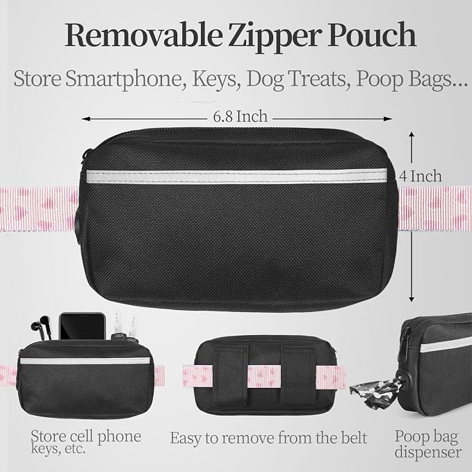 Hands Free Dog Leash with Zipper Pouch, Pink Heart, Large | Waist Leash, Dual Padded Handles, Shock-Absorbing Bungee, Adjustable Waist Belt, Walking and Running - Image 2