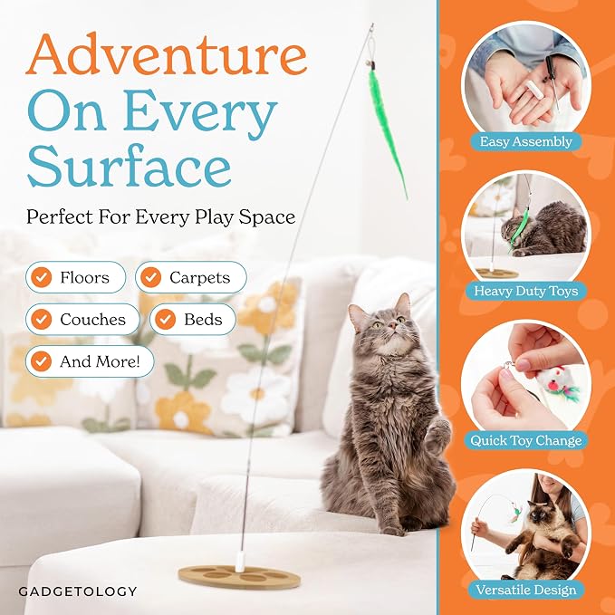 Cat Toys For Indoor Cats: Interactive Cat Toy Wand, 9 Feathers Wand Lures | Sturdy floor base prevents aggressive toppling, Secure suction cups to glass windows, Swap feather lures for daily variety - Image 6