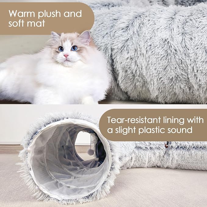 Baseola Fuzzy Cat Tunnel Bed for Indoor Cats, 2-in-1 Interactive Cat Toys | Peekaboo Cat Cave with Washable Mat, Collapsible Cat Play Tunnel for Kittens & Small Pets, Plush Cat Donut Bed Tunnel, Grey - Image 2