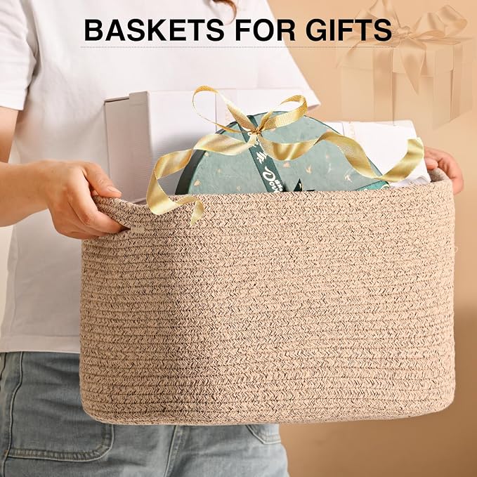 ICERZCZ Woven Cotton Rope Storage Basket for Organizing, Cute Decorative Baskets for Gifts Empty, Organizer Bins for Dog Toy, Baby Laundry, 15“×11”×9.5“, Brown - Image 3