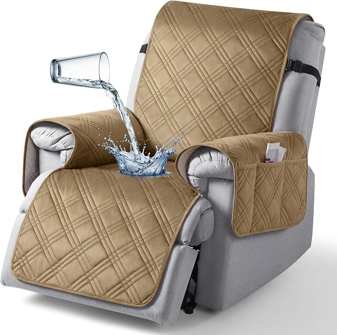TAOCOCO 100% Waterproof Recliner Chair Cover, Recliner Covers for Recliner Chair with Pocket, Non Slip Reclining Chair Cover Furniture Protector for Kids, Pets(23.6'', Khaki-Velvet) by TAOCOCO