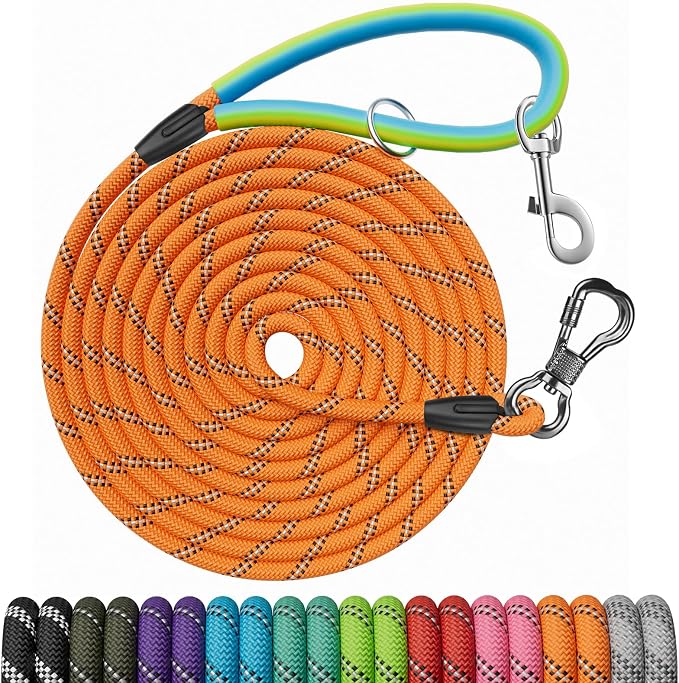 NTR 30FT Puppy Leash, Nylon Rope Long Dog Leash with 2 Swivel Hooks and Comfortable Padded Handle, Dog Line Tether for Small Medium Large Dogs Training, Playing, Camping, or Backyard by NTR