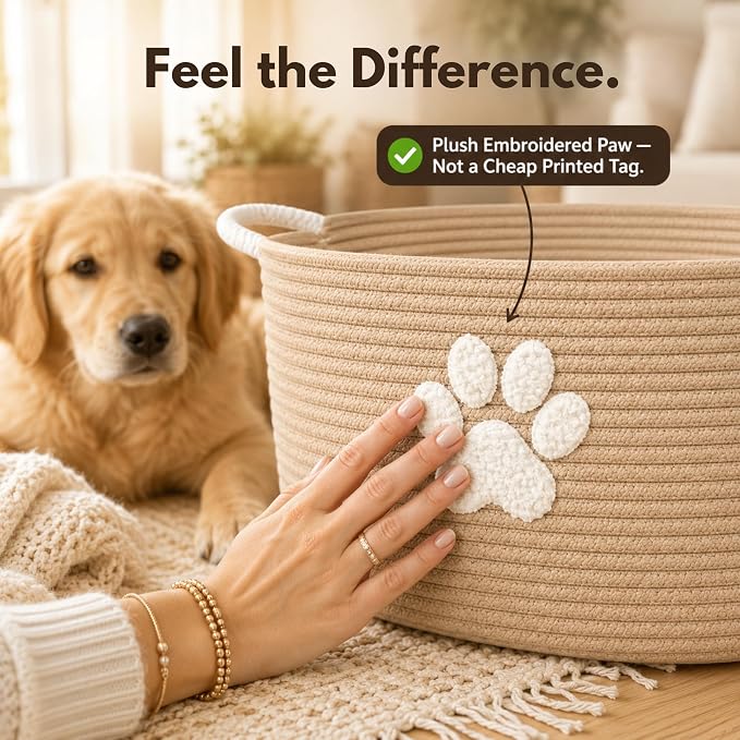 Dog Toy Basket with Handles, Boho Cotton Rope Storage Bin Organizer | Warm boho dog toy organizer, natural woven look. Holds toys, blankets & leashes. Spot washable, collapsible rope bin - Image 4