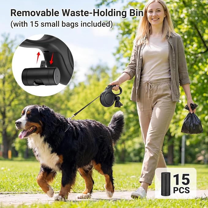 Segarty 26 Ft Walking Lead with Poop Bag Holder for Dogs 66 lbs - 110 lbs, 360°Tangle-Free Leash with Anti-Slip Handle & One-Handed Brake Pause Lock, 8m Retractable Leash for Dog Pets Outside Activity - Image 6