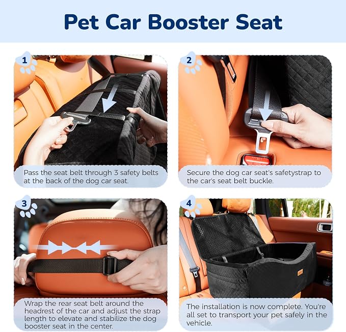 BLVRYVIO Large Dog Car Seat for Medium Sized Dogs Under 55lbs or 2 Smalls | Double Pet Booster Dog Seat for Car with 4" Memory Foam for Back Seat, Triple Safety Belts, Storage Pockets, Washable, Black - Image 8