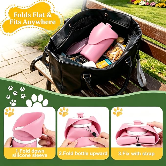 2 in 1 Foldable Dog Water Bottle, Leakproof Portable Pet Dispenser, Pink | Portable Water Dispenser for Cat, Rabbit, Puppy and Small Animals, for Pets Outdoor Walking, Hiking, Travel, BPA Free - Image 2